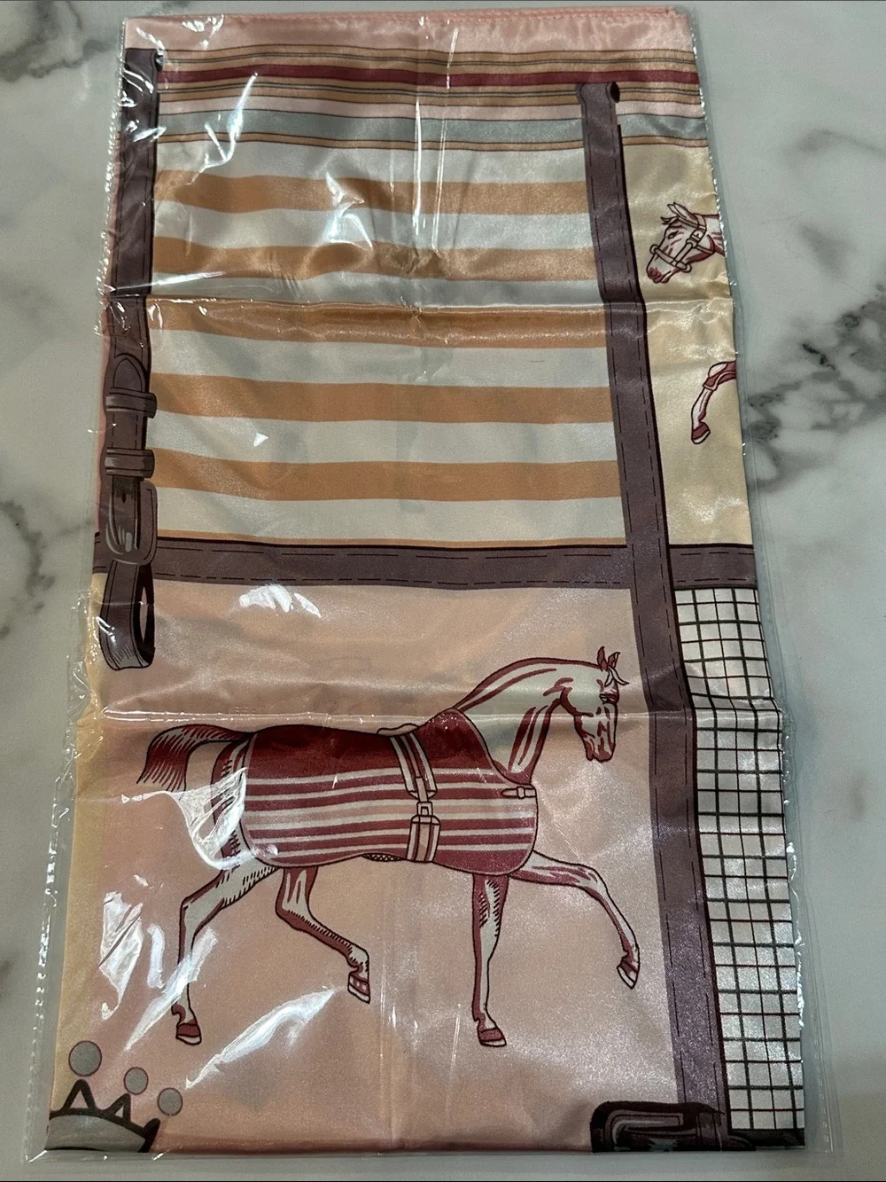 Silk-Feel Horse Print Scarf in Pink and Cream